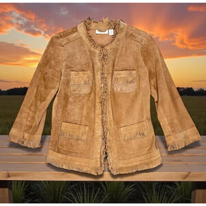 Chico’s Suede Leather Fringe Jacket/Blazer Sz 0 US S Western Cowgirl Saddle Tan